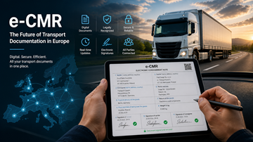 Condutor a utilizar um tablet com um documento CMR digital enquanto o transporte rodoviário decorre na Europa, representando a digitalização moderna da logística